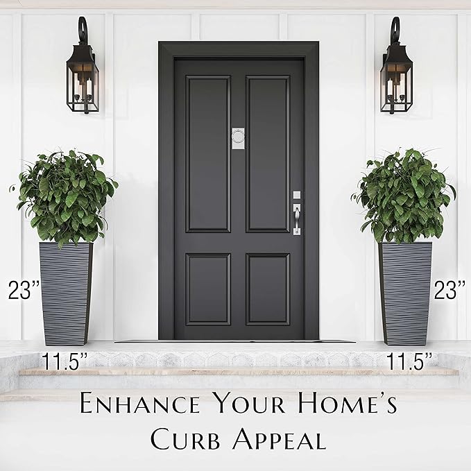 Mueller Janska M-Resin Heavy Duty Tall Planter, Indoor/Outdoor Grande Plant, Tree, Flower Pot, 2-Piece Set, 24”, Modern Design, Built-in Drainage, Dark Gray