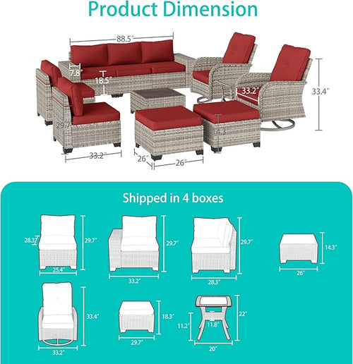 11-Piece Outdoor Patio Furniture Set with Rocking Swivel Chair Wicker Sectional Sofa Set, Patio Conversation Set with Ottomans & Coffee Table for Garden, Backyard, Poolside, Red