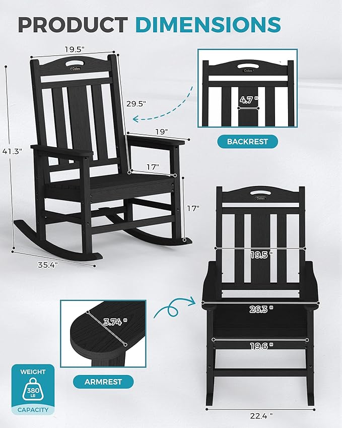 Ciokea Oversized Outdoor Rocking Chairs Set of 2, 380lbs Heavy-Duty Large Patio Rocker, High Back Cozy Porch Chairs, Weather Resistant Patio Rocking Chairs for Outside, Fire Pit, Deck, Black
