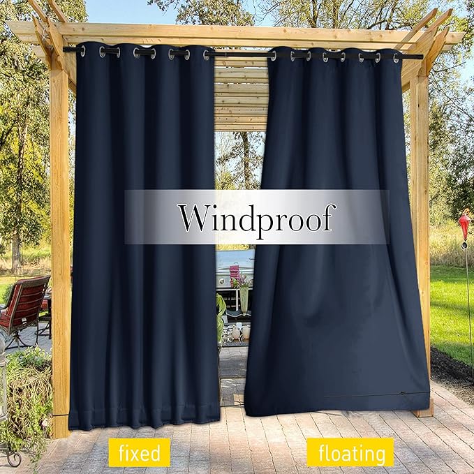 NICETOWN 2 Panels Weighted Blackout Outdoor Curtains for Patio Waterproof, Top & Bottom Grommet & Back Tab Fixed Outdoor Curtains Windproof & Thermal Insulated for Porch, Navy Blue, W84 x L108