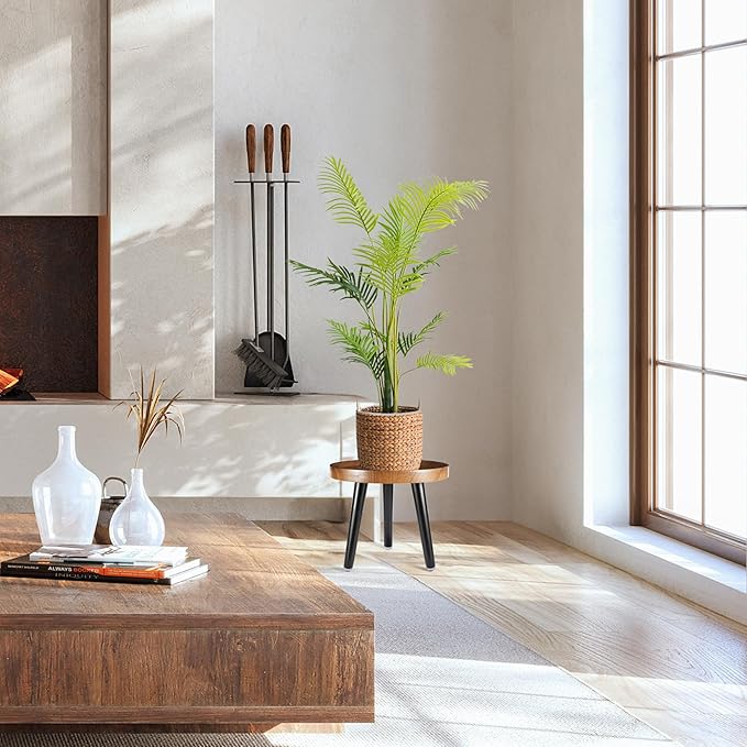 Indoor Plant Stand,Wood Mid Century Plant Table in Walnut Finish,Tall Plant Stand for Flower Pot,Modern Round Small Side End Table with Raised Design (Walnut, 12"x10.8" 2 Pack)