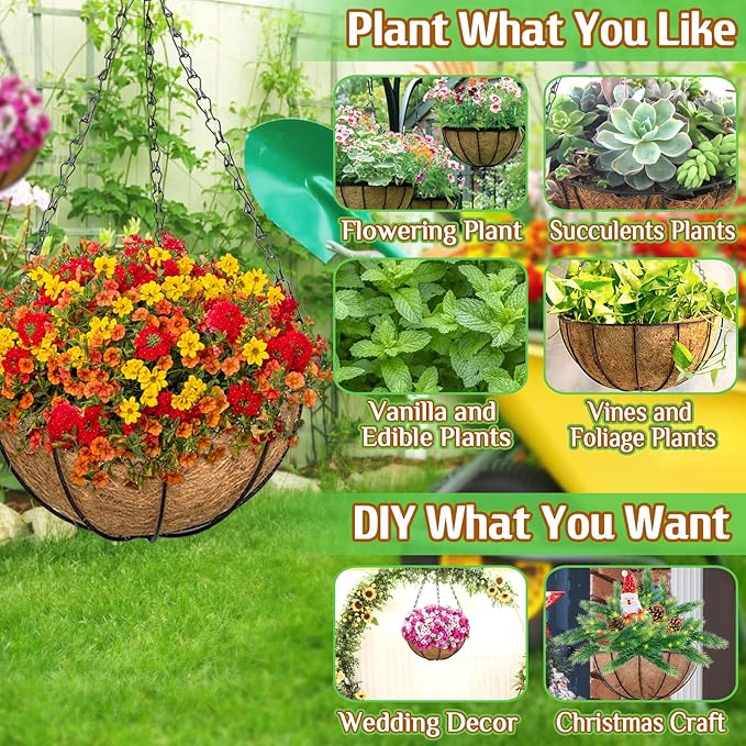 ZeeDix 6 Pack 12 Inch Metal Round Hanging Planter Basket with Coconut Liners Replacement, Hanging planters Baskets with Natural Coco Liner for Outdoor Indoor Planters Flowers Vegetables