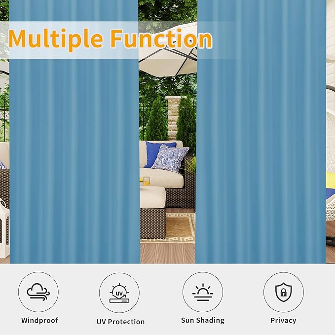 Easy-Going Outdoor Patio Curtains Detachable Tab Top Windproof Weatherproof Curtain for Cabana, Porch, Pergola and Gazebo, Tab Bottom Drape, 2 Panels, 54W x 84L inch, Sky Blue