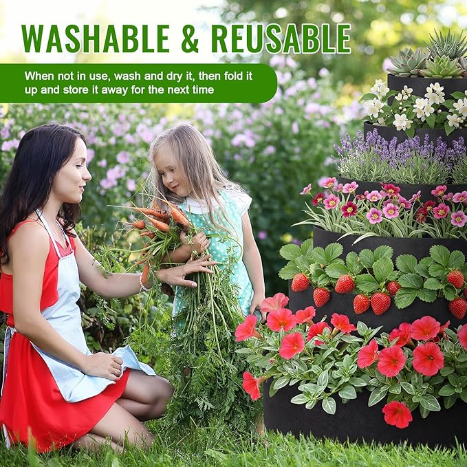 6 Tiered Strawberry Planter for Outdoor Plants, 47 Inch Heavy Duty Strawberry Tower Planter Grow Bags, Breathable Non Woven Fabric Raised Garden Bed for Vegetables Flower Herbs Gardening