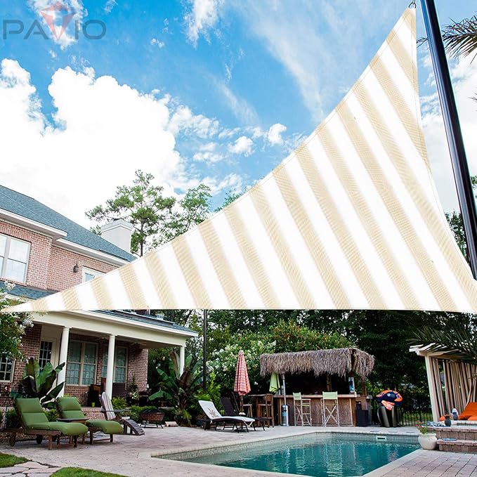 Patio Paradise 27' x 27' x 27' Sun Shade Sail Triangle Canopy Shade Cloth Fabric Sunlight Block Patio Pergola Cover HDPE Deck Awning for Outdoor Backyard Roof Shading, Beige White Strip