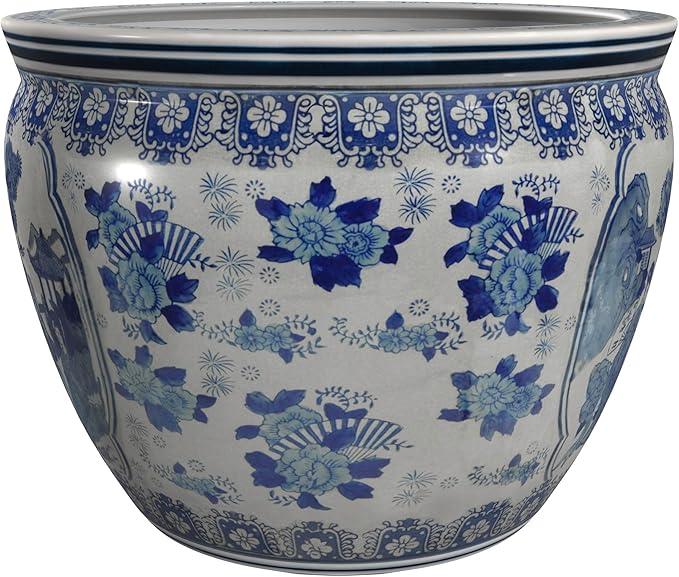Red Lantern Large 20" Ladies Blue & White Porcelain Fishbowl Planter or Cachepot for Indoor/Outdoor Use in Garden Entryway Living Room Boho Eclectic Modern Contemporary Classic Traditional Style Decor
