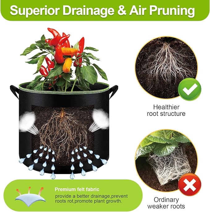 6-Pack 7 Gallon Grow Bags - 300G Heavy Duty Aeration Fabric Pots with Handles,Thickened Nonwoven Planter Bags for Vegetables Flowers Fruits