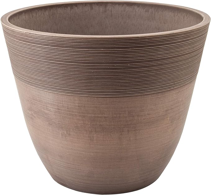 PSW Pot Collection FM35TP 14-inch Plastic/Stone/Wood Composite Large Ribbed Planter – No Drainage Hole (Drillable), Indoor/Outer Garden Pot for Foliage, Trees, Flowers, Ferns, Taupe