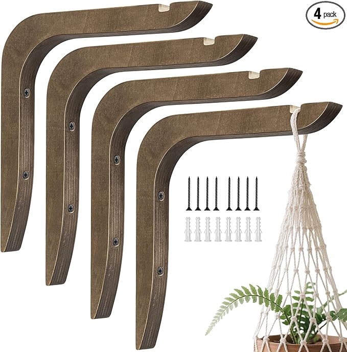 USION Wooden Plant Hangers Indoor Wall Mount, 8.6-Inch Hanging Plant Hooks for Wall, Basket Hooks for Lanterns, Flower Bracket, Wind Chimes, Light, Bird Feeders Decoration (Brown 4PCS)