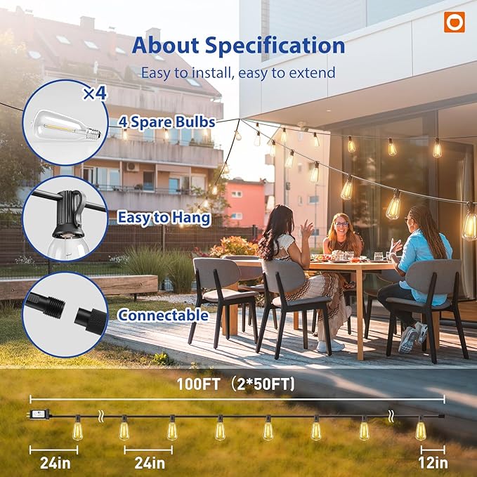 addlon 100FT(50FT*2) LED Outdoor String Lights with Remote Waterproof Patio Lights with 54 Shatterproof ST38 Replaceable Bulbs(4 Spare), Dimmable Outside Hanging Lights Connectable for Porch, Backyard