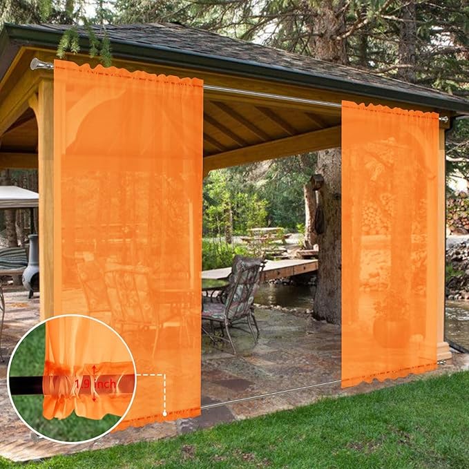 SpaceDresser Waterproof Outdoor Sheer Curtains for Patio - 4 Panels Rod Pocket Indoor Voile Sheer Curtain for Living Room,52W x 96L inch, Orange