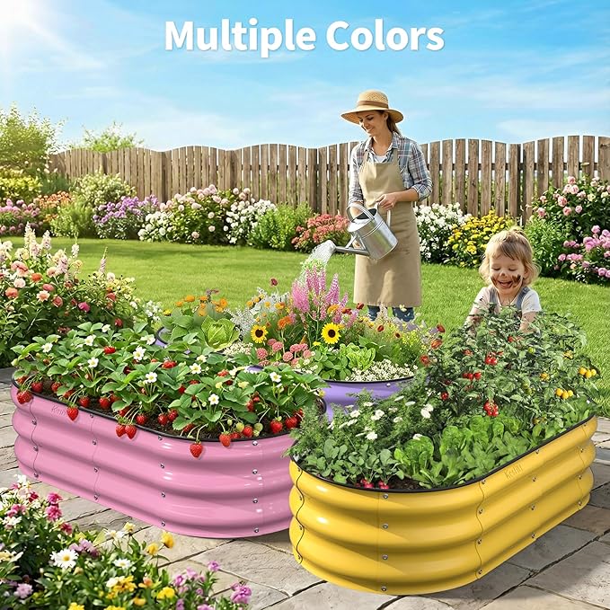 Kesfitt Raised Garden Bed, 4x2x1 FT Galvanized Steel Metal Raised Garden Bed, Oval Open-Bottom Design, 12-Inch Deep for Outdoor Vegetable & Herb Gardening, Blushing Pink