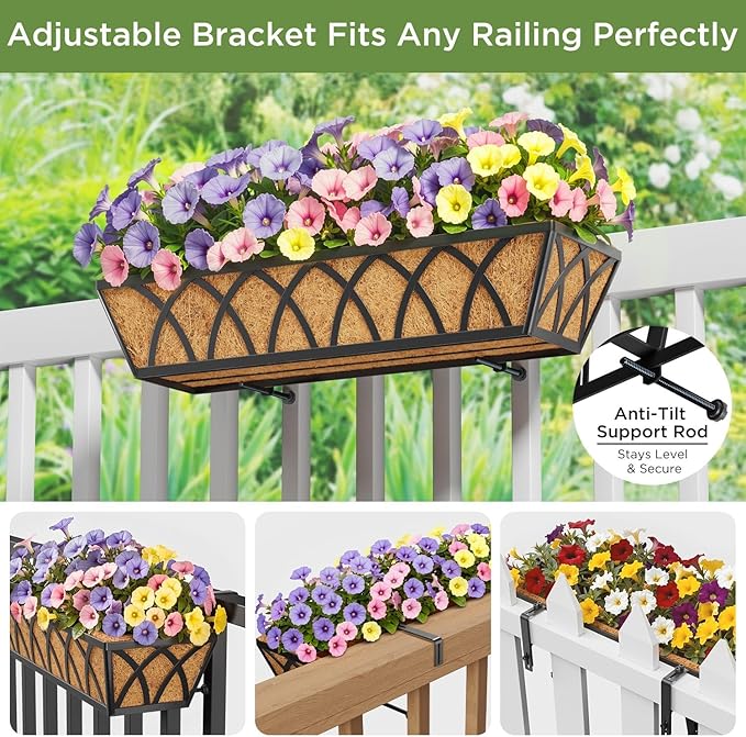 HFHOME 24 inch Window Deck Rail Planter Including Coco Liner, 24" Dia Window Box Horse Trough with Coconut Coir Liners, Black Metal Hanging Flower Planter Basket for Indoor Outdoor Lawn - Set of 2