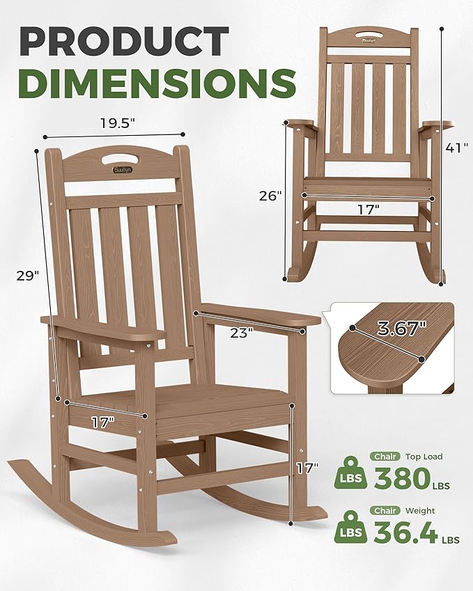 Oversized Rocking Chairs Outdoor Set of 2, High Back Porch Rocking Chair, HDPE All Weather Resistant Patio Chairs, 380lbs Weight Capacity, Teak