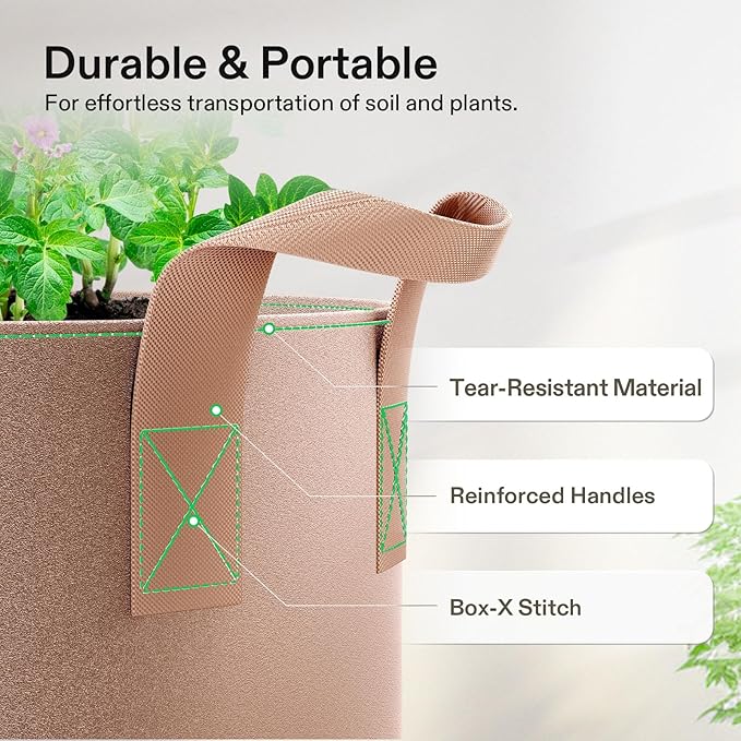 VIVOSUN 5-Pack 10 Gallons Grow Bags Heavy Duty Thickened Nonwoven Fabric Pots with Strap Handles Tan