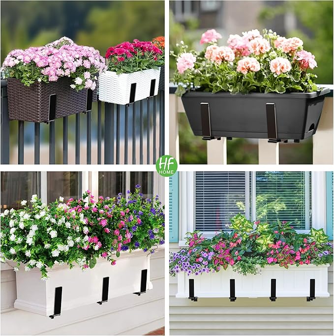 HFHOME 6PCS Adjustable Planter Box Brackets, Brackets for Window Boxes Planters Hanging Flower Box Holders, Wall Mount Holder for Windowsills, Garden, Fences, and Balcony - Black (Patent Registered)