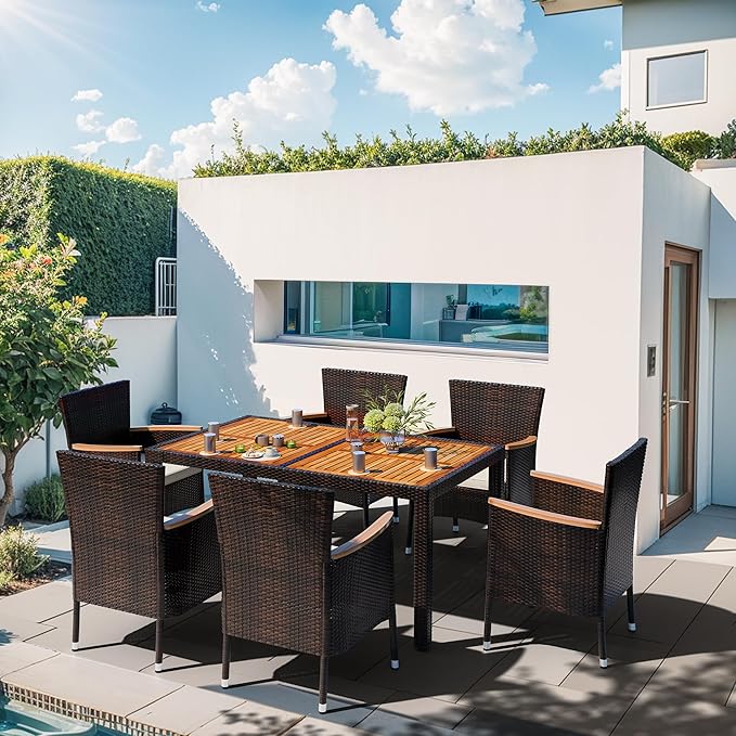 Shintenchi 7 Piece Patio Dining Set, Wicker Patio Conversation Set with Wooden Table Top, Outdoor Table and Chairs with Soft Cushions for Backyard, Deck and Garden, Brown Rattan