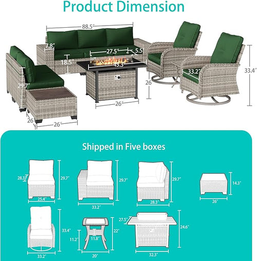 10-Piece Outdoor Patio Furniture Set with Rocking Swivel Chair, PE Wicker Rattan Sectional Sofa Patio Conversation Set with 55,000 BTU Fire Pit Table & Coffee Table, Green