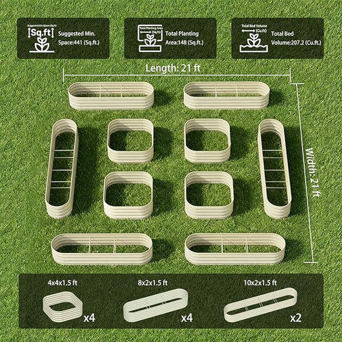 10-Pack 18” Tall Galvanized Raised Garden Beds – Compact Backyard Garden Layout, Fits 440 Sq Ft Backyard, 8x2 ft & 10x2 ft Metal Raised Flower Bed Kits for Outdoor Gardening - Moss Green