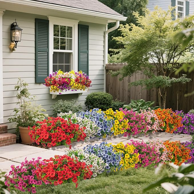 20 Bundles Artificial Flowers for Outdoors, UV Resistant Fake Plants Flowers Greenery Shrubs Plants for Decoration Outside Plants Hanging Planter Home Garden Decor (Mix（6 Color）)