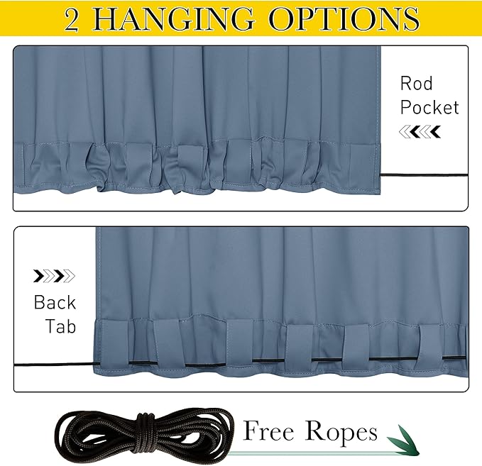NICETOWN 2 Panels Outdoor Curtains for Patio Waterproof & Windproof, Thermal Insulated Top & Bottom Grommet & Back Tab Sun Blocking Outdoor Drapes with Fixed Rope for Gazebo, Stone Blue, W66 x L90