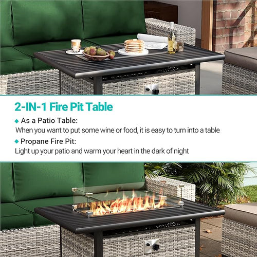 16-Piece Outdoor Patio Furniture Set with Rocking Swivel Chair, PE Wicker Rattan Sectional Sofa Patio Conversation Set with 55,000 BTU Fire Pit Table & Coffee Table, Green
