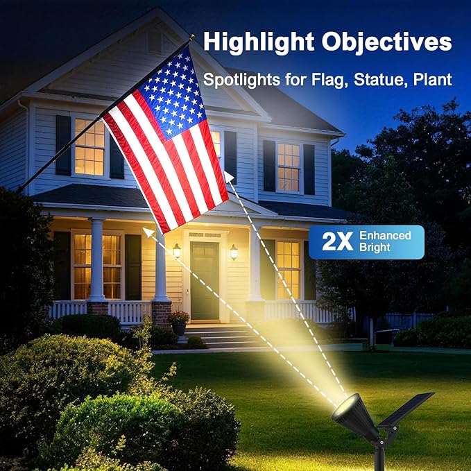 Solar Lights Outdoor Waterproof IP65,3000K Super Bright LED,2 Lighting Modes, Solar Powered Yard Garden Solar Spot Lights for Flag Landscape Auto On/Off-2 Pack
