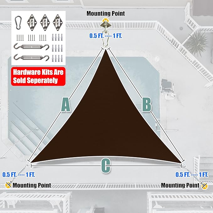 Amgo Custom Size 27' x 27' x 27' Brown Triangle Sun Shade Sail UPF50+ AGTAPRT12, Order to Make Canopy Awning, 95% UV Blockage, Water & Air Permeable, Commercial Standard (We Customize)