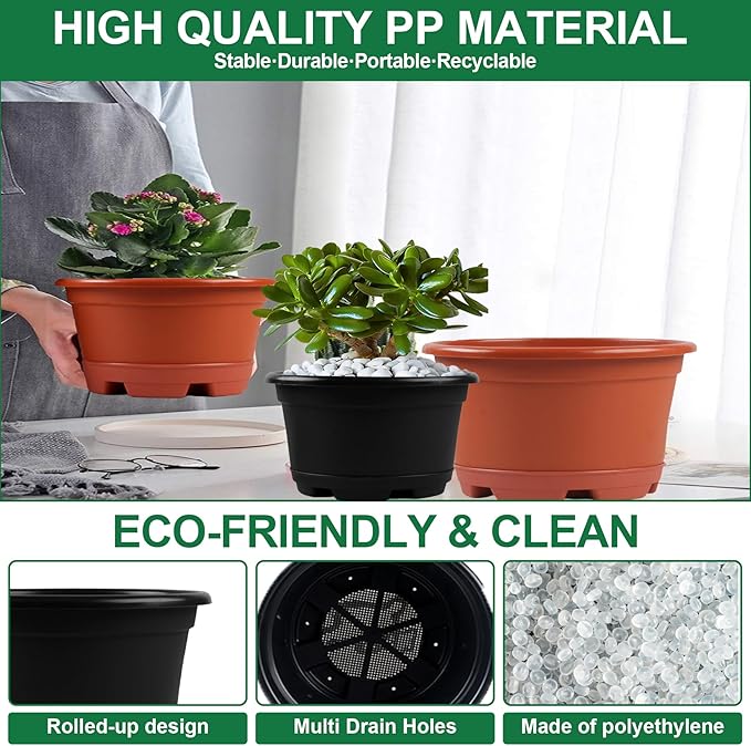 5 Pack 8.5 inch Plant Pot,Outdoor Flower Pots,Plastic pots for Plants Indoor with Drainage Holes and Trays, Decorative Garden Containers Sets for Houseplants