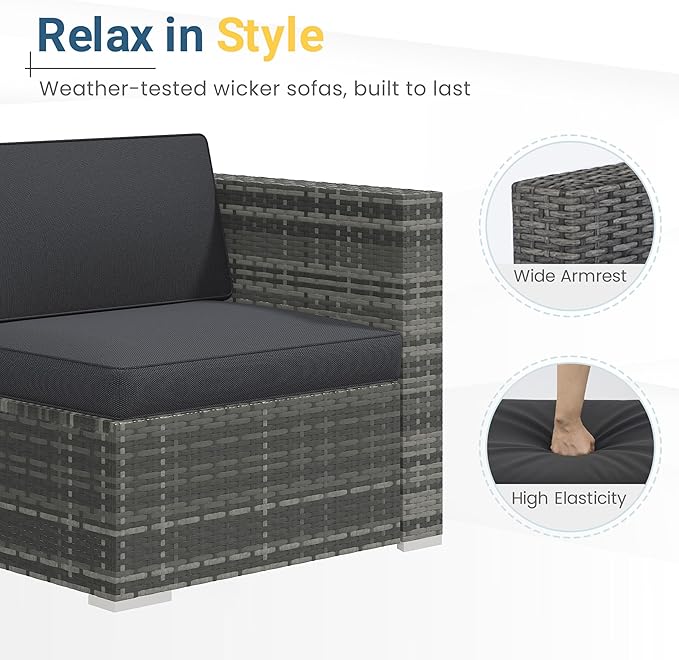 Wisteria Lane Outdoor Patio Furniture Set, All Weather Wicker Rattan Sectional Sofa, Patio Conversation Set with Cushions & Glass Coffee Table for Backyard Porch Garden Balcony, Grey