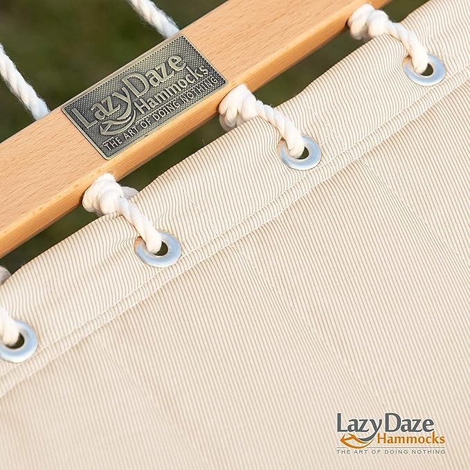 Lazy Daze Hammocks 12 FT Double Quilted Fabric Hammock with Spreader Bar and Detachable Pillow, 2 Person Hammock for Outdoor Patio Backyard Poolside, 450lbs Weight Capacity, Natural
