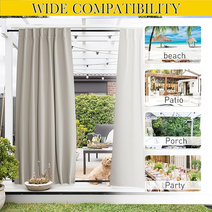 NICETOWN 2 Panels Natural Gazebo Curtains Outdoor Waterproof & Windproof, Top & Bottom Rod Pocket & Back Tab Windproof Privacy Outdoor Curtains Blackout Blinds with Fixed Rope for Patio, W52 x L95
