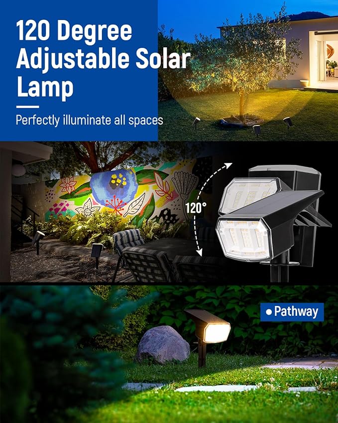 Solar spotlights Outdoor 63 LED 3 Lighting Modes, IP65 Waterproof Lighten Yard Garden House Garage Pathway for Christmas Decorations-6 Pack