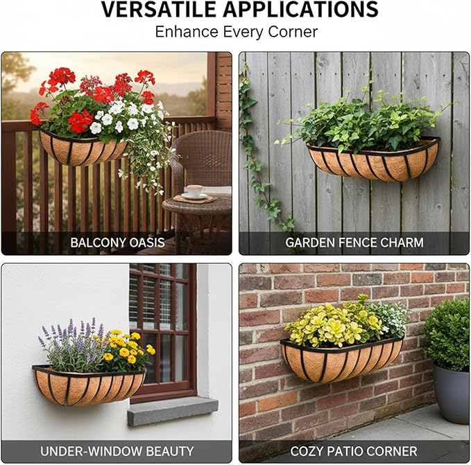 36“ Window Box Railing Planter with Coco Liner Metal Wall-Mounted Coconut Liner Planters Basket English Horse Trough Planter for Outdoor Deck Balcony Porch Fence Patio Black (4 Pack)