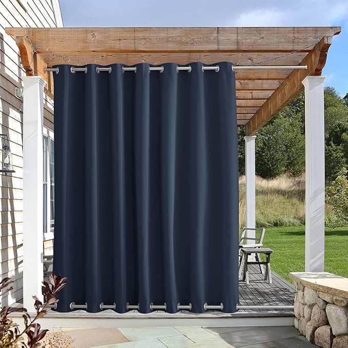 NICETOWN Waterproof Patio Outdoor Curtain and Drape, Thermal Insulated Top and Bottom Grommet Keep Sun & Rain Out Blackout Indoor Outdoor Divider for Gazebo, Navy Blue, 1 Panel, W100 by L95