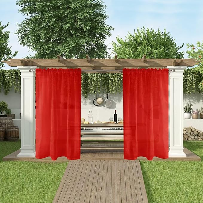 SpaceDresser Waterproof Outdoor Sheer Curtains for Patio - 2 Panels Rod Pocket Indoor Voile Sheer Curtain for Living Room,100W x 96L inch, Red