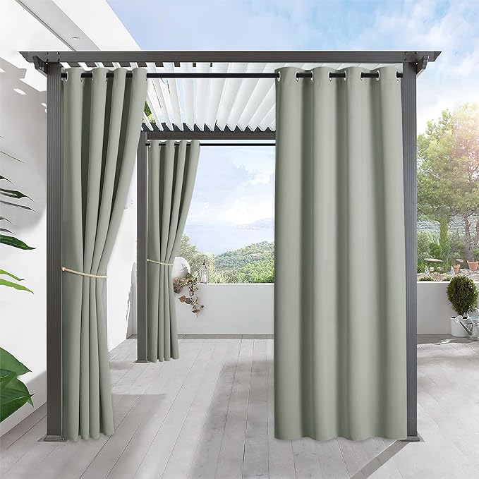 RYB HOME Outdoor Curtains for Patio Waterproof Block Sunlight Thermal Insulated Privacy Assured Thick Outside Curtains for Pergola, Deck, Gazebo, W52 x L90, Sea Green, 1 Panel