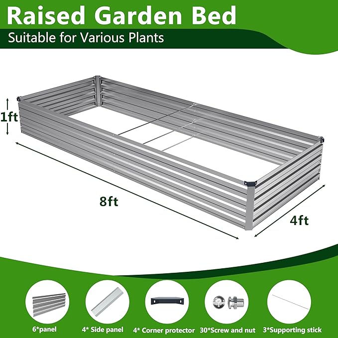 2PCS 8x4x1ft Galvanized Raised Garden Bed Kit, Galvanized Planter Raised Garden Boxes Outdoor, Large Metal Raised Garden Beds for Vegetables,Silver