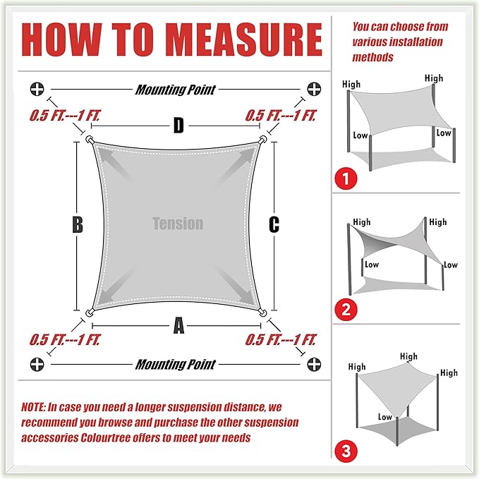ColourTree TAPR1616 Custom Size 6' x 15' Beige Sun Shade Sail Canopy UV Block UPF50 Rectangle - Commercial Standard Heavy Duty - 190 GSM - 3 Years Warranty