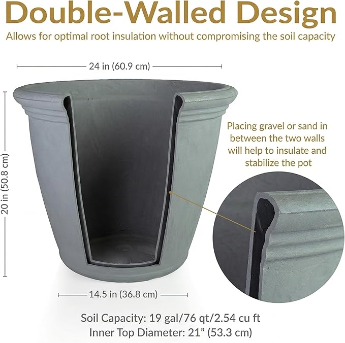 Sunnydaze 24-Inch Anjelica Large Plastic Pot for Plants - Outdoor Double-Walled Large Plastic Planter with Drillable Drainage Holes - Light Gray - 4pk