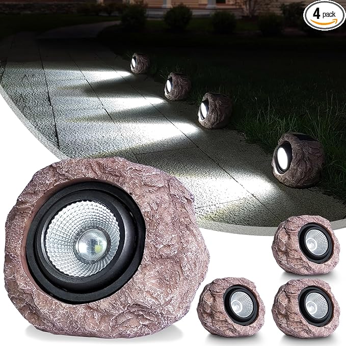 Outdoor Solar Rock Light - 4 Pack, Fake Rock IP65 Waterproof LED Super Bright Spotlight for Deck, Staircase, Woods Garden, Walkway, Patio Pond Garden Decorative Nighttime Landscape Filler Lights