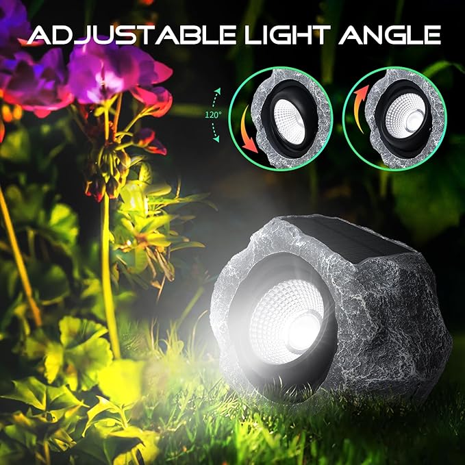 Solar Rock Lights Outdoor, Angle Adjustable Solar Lights Outdoor Waterproof, LED Solar Garden Lights, Auto On/Off Landscape Lighting for Yard, Pathway, Patio, Flower Bed - White Glow (Stone Gray)