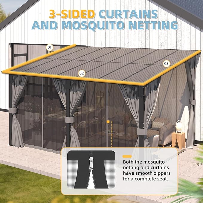 AECOJOY 20' x 8' Outdoor Gazebo Pergola with Curtains and Netting, 8'x20' Large Wall-Mounted Hardtop Lean to Gazebo Shelter Pergolas and Gazebos Clearance with Patio Roof, Heavy Duty Metal Awnings