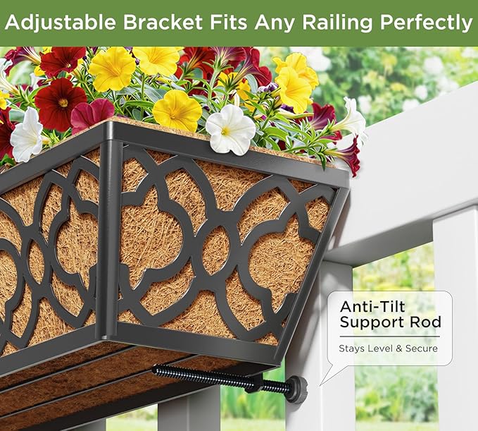 Y&M 24" Window Boxes Horse Trough with Coconut Coir Liner, 2pcs 24 Inch Window Deck with Coco Liner, Black Metal Hanging Flower Planter Window Basket Deck Railing Planter Boxes for Outdoor Indoor Lawn