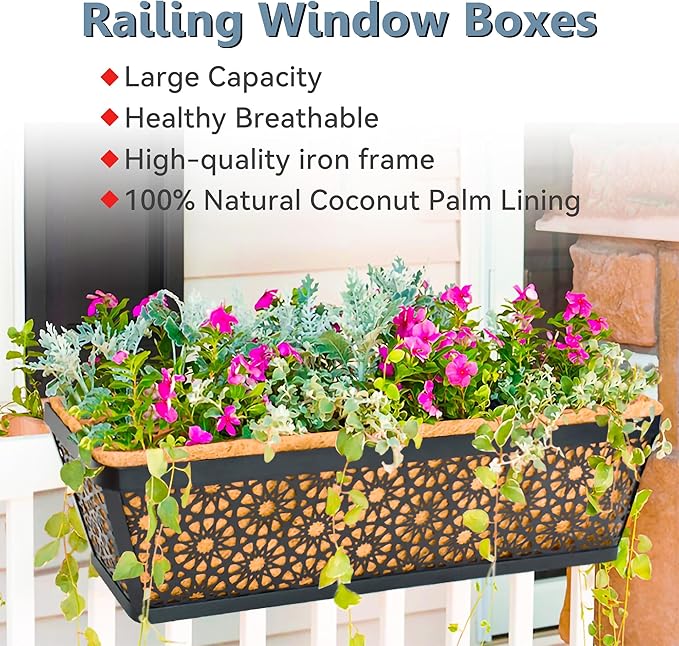 4 Pack 30" Railing Planter Window Box Deck Balcony Rail Planter Black Metal Flower Basket Horse Trough Planter with Coco Fiber Liner for Porch Fence Patio Outdoor