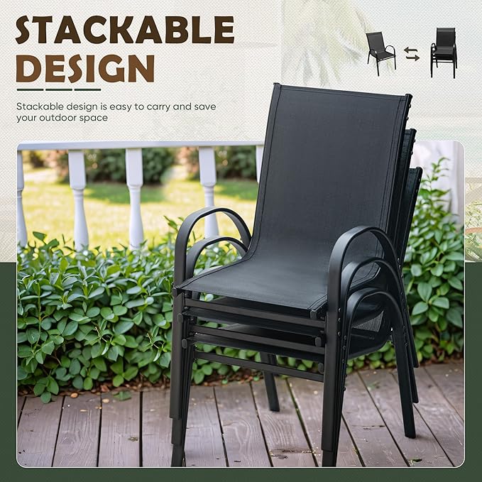 Flamaker Patio Chairs Stackable Dining Chairs Set of 4 Metal and Teslin Outdoor Chairs for Lawn Deck Porch Balcony (Black)