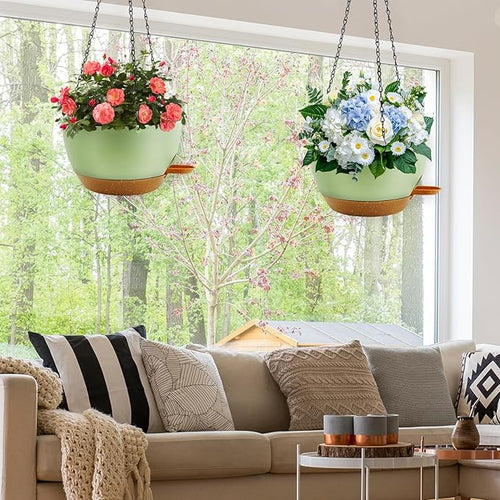 12 inch Hanging Planters for Indoor Plants, 2 Pack Self-Watering Hanging Planter Pots with Chain and Drainage Holes, Outdoor Plastic Hanging Baskets for Garden Home Decor