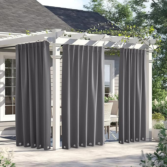 NICETOWN 2 Panels Outdoor Curtains for Patio Waterproof & Windproof, Grommet & Back Tab on Top & Bottom Weighted Drapes Keep Sun/Rain Out with Bouns Rope for Deck, Grey, W66 x L90