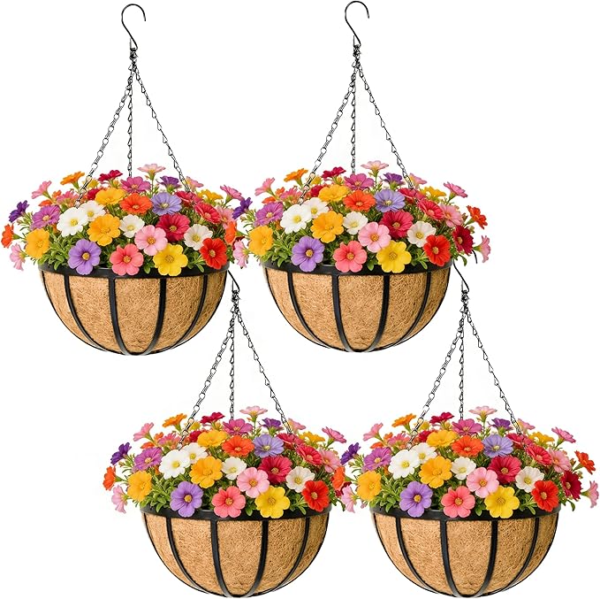 Black Flat Iron Metal Hanging Planter Basket with Coco Coir Liner(4 Pack, 12 Inch) Hanging Planters for Outdoor Plants Round Plant Flower Pots Hanging Flower Basket for Outdoor Patio Garden Decoration