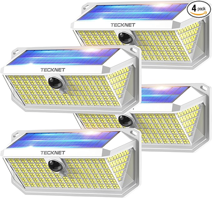 TECKNET 461 LED Solar Powered Outdoor Lights, 270° Angle & 3 Lighting Modes Motion Sensor Light Outdoor, Security Solar Lights Waterproof - 4 Pack, White, Cold Light
